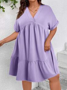 SHEIN VCAY Plus Size V-Neck Short Sleeve Casual Solid Color Dress, Simple & Fashionable - Mauve Purple - View 7