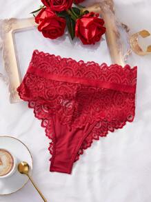 SHEIN 1pc Women Solid Color Contrast Lace High Waist Brief Lingerie - Burgundy - View 5