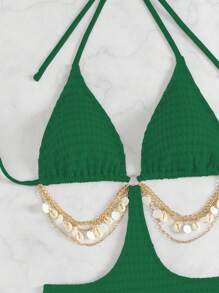 SHEIN Swim Chain Decor Backless Halter One-Piece Swimsuit - Green - View 7