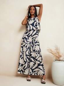 JIAN LASALA All-Over Printed Round Neck Layered Wide-Leg Long Jumpsuit Women Summer Vacation Outfits Es Hawaii Outfits Women Ankara Jumpsuits Resort Wear Rave Outfits Festival Vintage Homecoming SXY - Multicolor - View 9