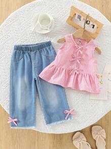Baby Girls' Woven Striped Sleeveless Top And Fashion Pants Set, Summer