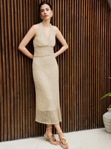 Chiquease Women Minimalist Solid Color Elegant Ruffle Design Lace Sexy Dress - Apricot - View 6