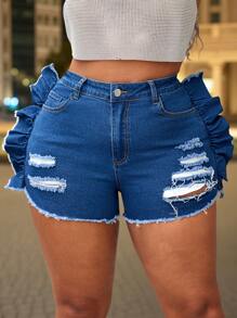 Plus Size Women Denim Ruffled Hem Fashion Ripped Shorts  Summer Outfits For Women Festival Outfits Cowgirl Outfits For Women  Elegant Vacation Outfits Woman Mini Shorts - Blue - View 4
