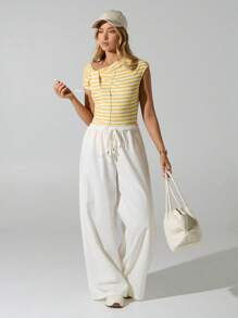 Hanevo Women's Fashionable Retro Contrast Color Stripe Asymmetric Bodysuit With Design Sportwear For Daily Wear - Yellow - View 3