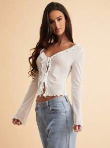 SHEIN BAE 女式纯色荷叶边前系带喇叭袖透视性感衬衫 - 白色 - 查看 3