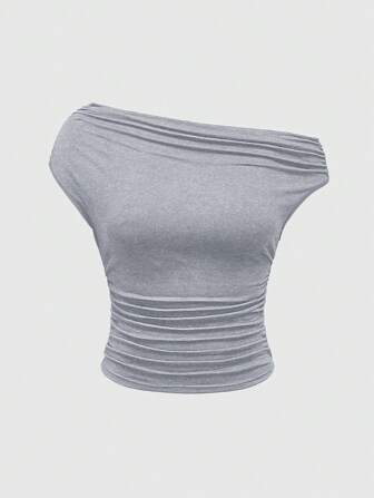 Grunge Punk Crop top estilo Shibuya Y2K para mujer, camiseta ceñida con hombro asimétrico fruncido, estilo retro del milenio revivido