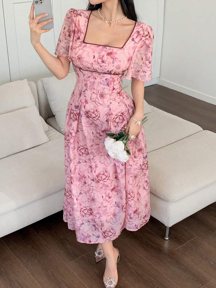 Women's Summer French Retro Square Collar Puff Sleeve Ditsy Floral Midi Dress