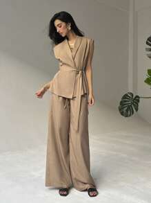 Aloruh Women Two Pieces Outfits For Daily Wear - Camel - View 3