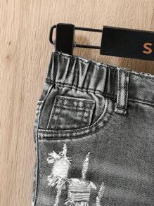SHEIN Baby Boy Summer Casual Distressed Ripped Frayed Black Button Front Pockets Skinny Denim Shorts,Baby Spring/Summer Spring Break Daily Wear - Black - View 4