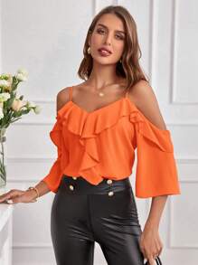 SHEIN Clasi Ladies Solid Color Off Shoulder Ruffle Trim Spring Shirt Off The Shoulder Top - Orange - View 4