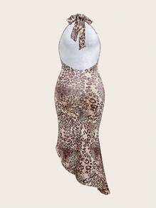 SHEIN Unity Plus Size Women Leopard Print Asymmetrical Hem Halter Knit Dress - Multicolor - View 2