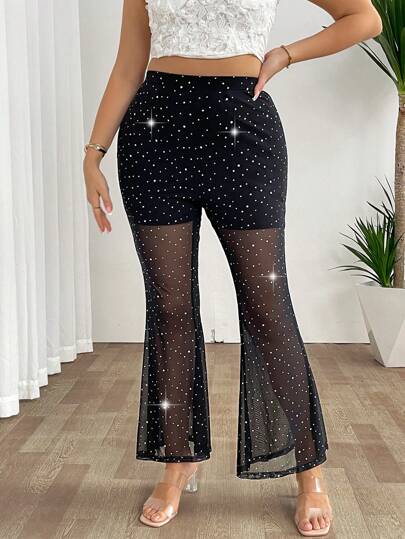 SHEIN PETITE CURVE Plus Size Elegant Sexy See-Through Mesh Sequin Flared Pants Fall Cloth For Women