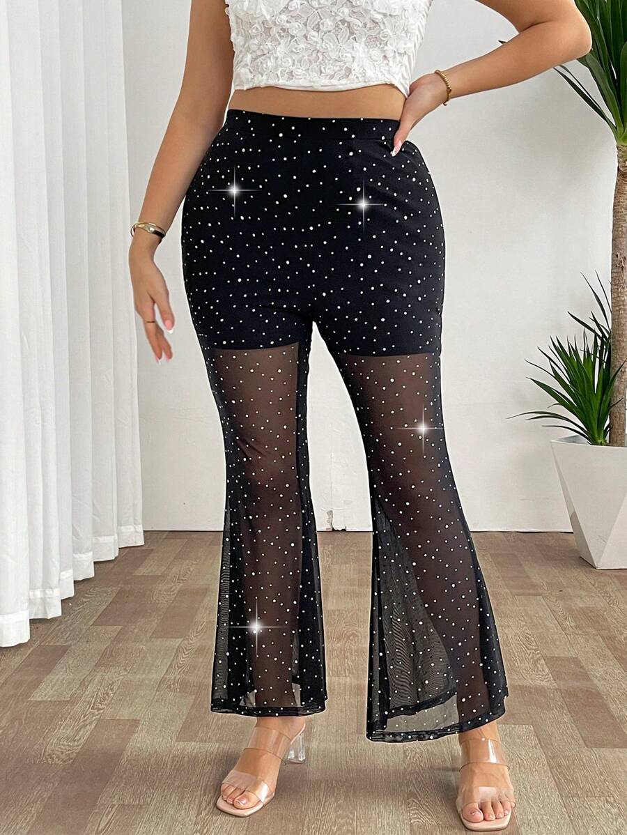SHEIN PETITE CURVE Quần ống loe lưới sequin xuyên thấu gợi cảm thanh lịch cỡ lớn - màu đen - Xem 1