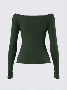 SHEIN BASICS Casual Solid-Color Knitted Off Shoulder Long Sleeve Fitted Blouse For Women Off The Shoulder Top - Dark Green - View 5