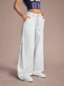 SHEIN EZwear 女式口袋喇叭宽松休闲百搭牛仔裤 - 白色 - 查看 3