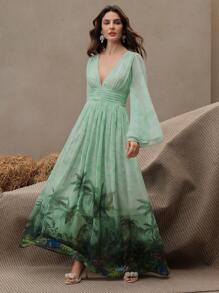 Anewsta Vestido de praia de verão em chiffon, vestido de manga comprida esvoaçante para férias em resort - Verde - Ver 5