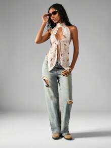 MISSGUIDED Distressed Vintage Style Loose Fit Raw Hem Baggy Jeans Boyfriend Relaxed Cut Long Length Denim For Summer Festival Ripped Y2K Retro Fashion - Blue - View 3