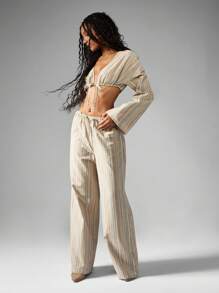MISSGUIDED Blusa corta stile boho con lacci in vita, maniche a campana larghe, stile contadino, adatta per spiaggia, festival, vacanza, a righe in cotone casual da usare tutti i giorni