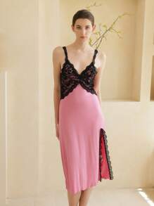 Camicia da notte elegante e matura da donna in pizzo e modal con spacchi sulle spalline - Multicolore - Visualizzare 5