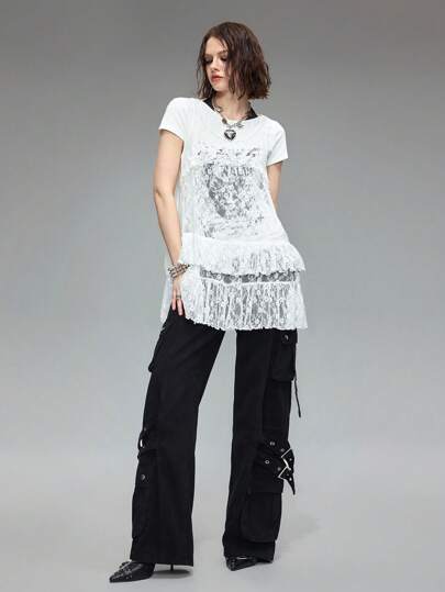 Grunge Punk Street Punk Style Lace Trim Hem Long Loose Tank Top For Layering
