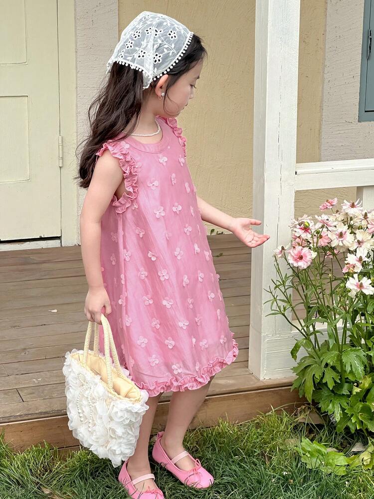 Young Girls Floral Decor Round Neck Cute Summer Children Party Dress