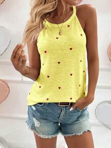 SHEIN LUNE Spring V-Neck Heart Print Camisole Top For Women, Ideal For Valentine's Day - Yellow - View 4
