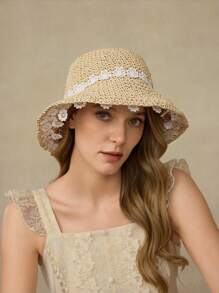 MOTF PREMIUM SUMMER RETRO LACE FLORAL STRAW SUN HAT - Beige - View 8