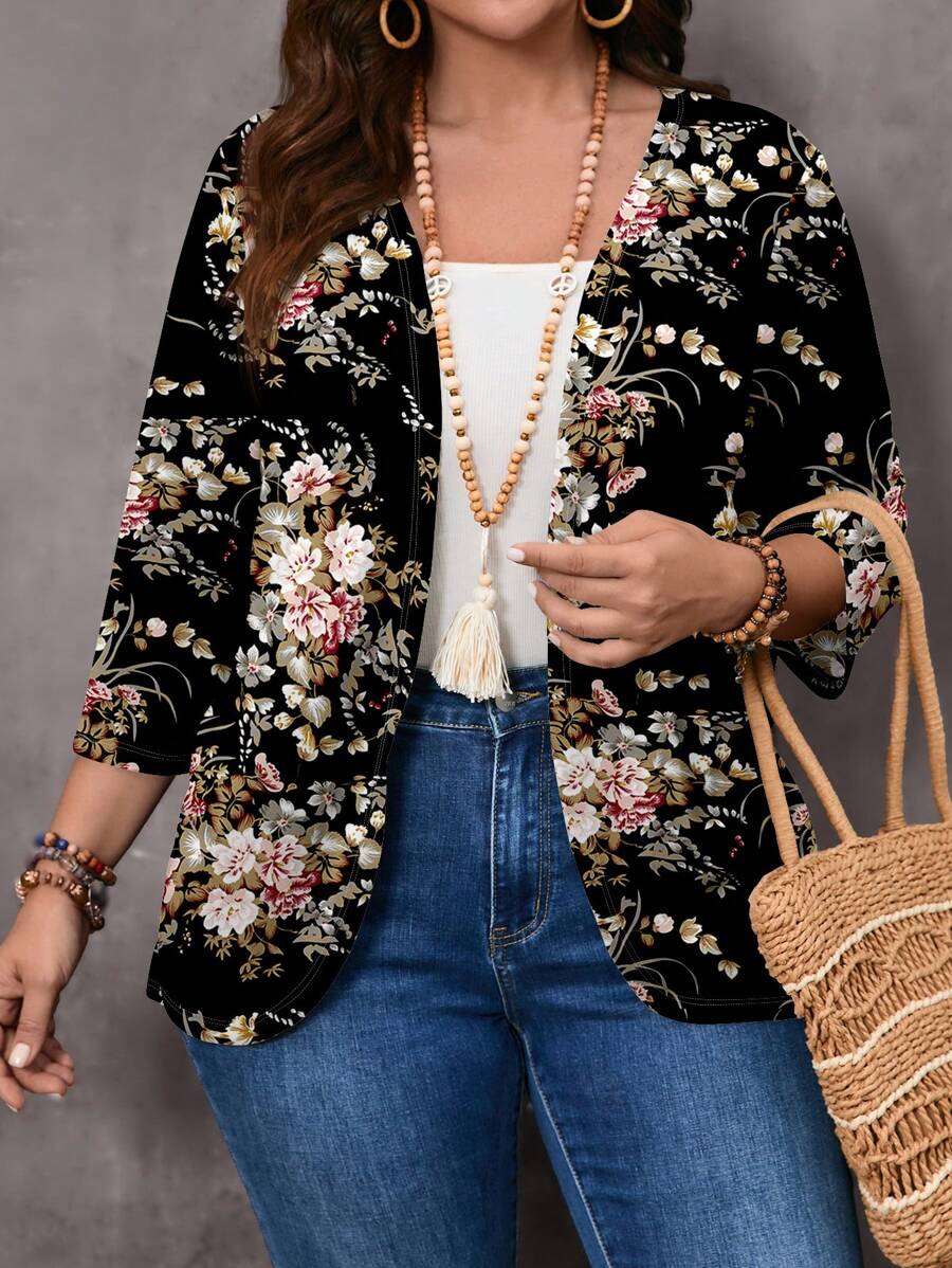 SHEIN LUNE Plus Size Women Casual Minimalist Rose Flower Print Lightweight Jacket Autumn And Winter Fall