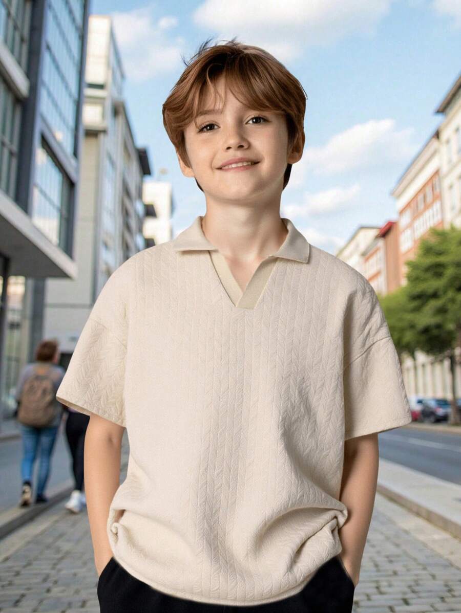 SHEIN Tween Boy Casual Korean-Japanese Style Solid Color Textured Knit Collar Polo Shirt, Comfortable Fabric, Suitable For Commuting, School, Casual Daily Wear, Sports, Spring/Summer - Apricot - View 1