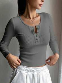 DAZY Autumn Casual Solid Color Ribbed Knit Fitted Long Sleeve T-Shirt,Fall Women Clothes Going Out Tops - Dark Grey - View 3