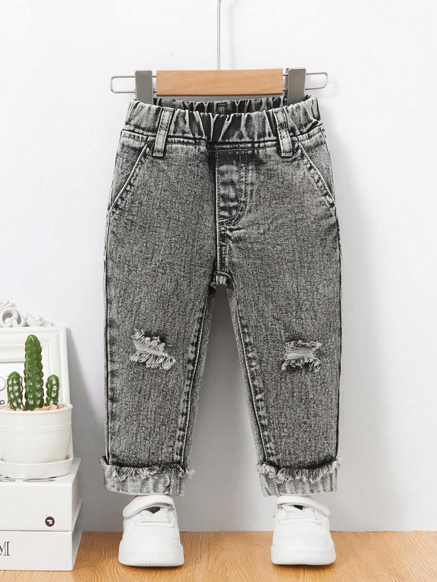 Baby Girl Casual Distressed Washed Denim Jeans - Light Grey - View 1
