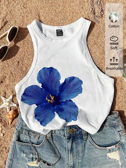 Tseoso 天然蓝色芙蓉花，海滩度假简约圆领修身女式吊带背心，适合夏季