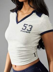 Missguided x Playboy Áo thun thể thao trẻ em cổ bẻ ngắn cổ chữ V Varsity Sport Number tay ngắn mùa hè xuân tập luyện thể dục thường ngày dạo phố Y2K - Nhiều màu - Xem 6