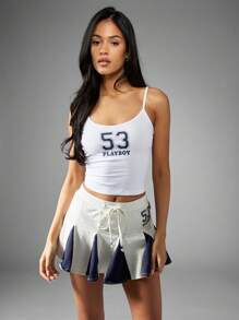 Missguided x Playboy Top tipo camiseta de tirantes con gráfico de número de estilo deportivo, de moda informal, de corte ajustado, tipo top corto con tirantes finos, para uso casual, entrenamiento, club, festivales