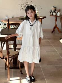 DAZY Tween Girls V-Neck Short Sleeve Dress, Summer,Back To School Clothes - White - View 1