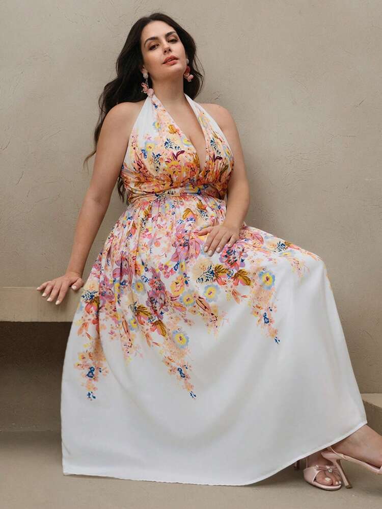 Women's Sleeveless Deep V-Neck Fitted Floral Print Summer Dress, Elegant For Festival, Holiday, Beach, Vacation