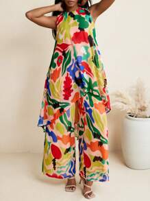 JIAN LASALA Summer Colorful All-Over Printed Soft Flowy Chiffon Sleeveless A-Line Vest Top Vacation Outfits Hawaii Outfits Women Ankara Tops Resort Wear Rave Outfits Festival Vintage Homecoming SXY