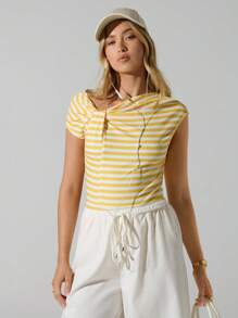 Hanevo Women's Fashionable Retro Contrast Color Stripe Asymmetric Bodysuit With Design Sportwear For Daily Wear - Yellow - View 1