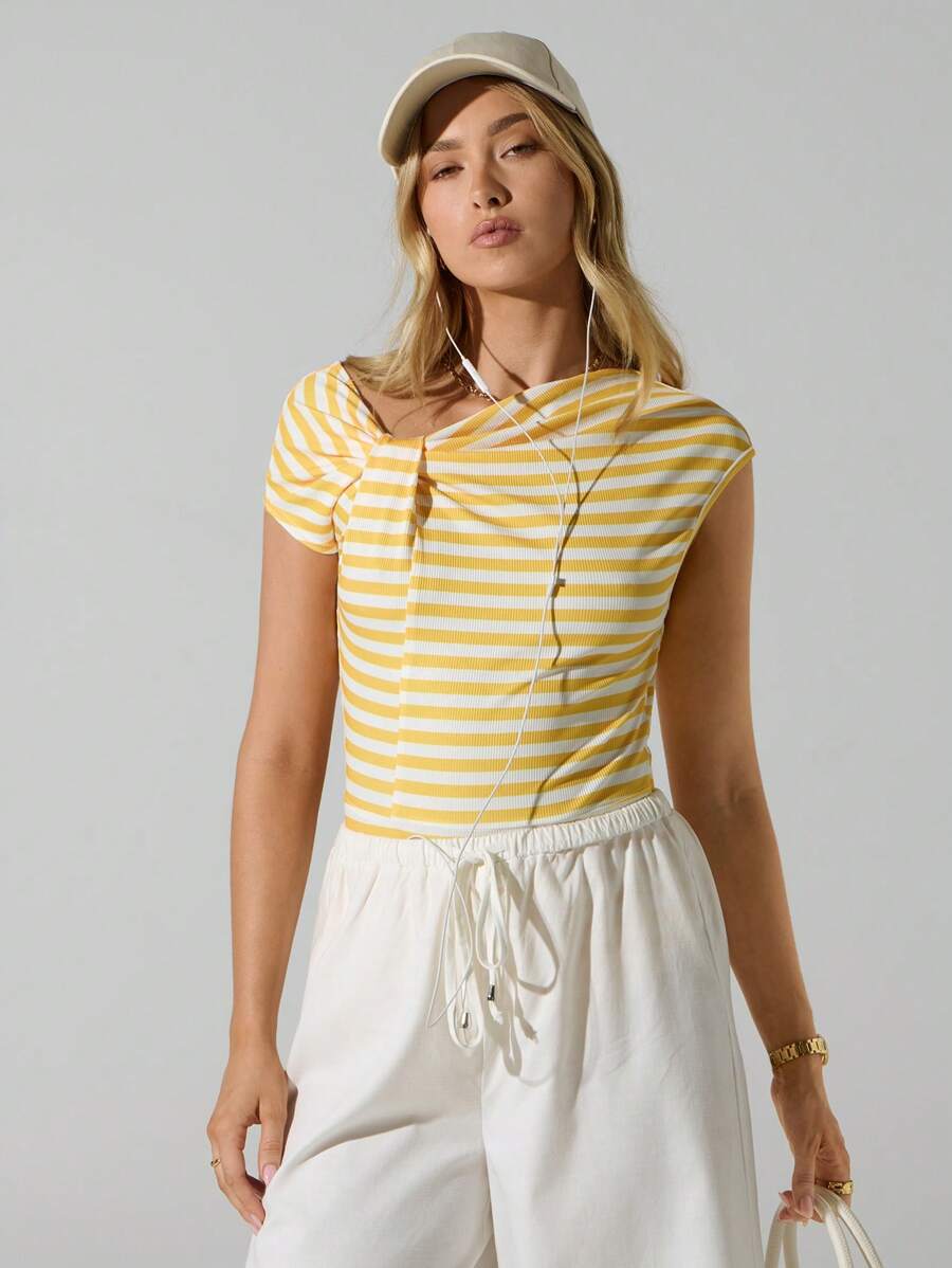 Hanevo Women's Fashionable Retro Contrast Color Stripe Asymmetric Bodysuit With Design Sportwear For Daily Wear - Yellow - View 1