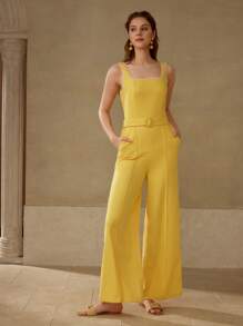 MOTF PREMIUM Mono de lino con ribete de contraste y cinturón - Amarillo - Ver 7