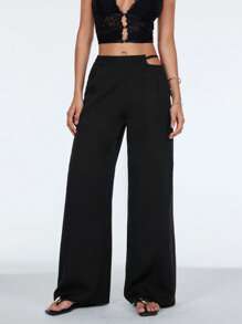 SHEIN TRNDY Quần thiết kế cạp bất đối xứng thường ngày đi làm - màu đen - Xem 7
