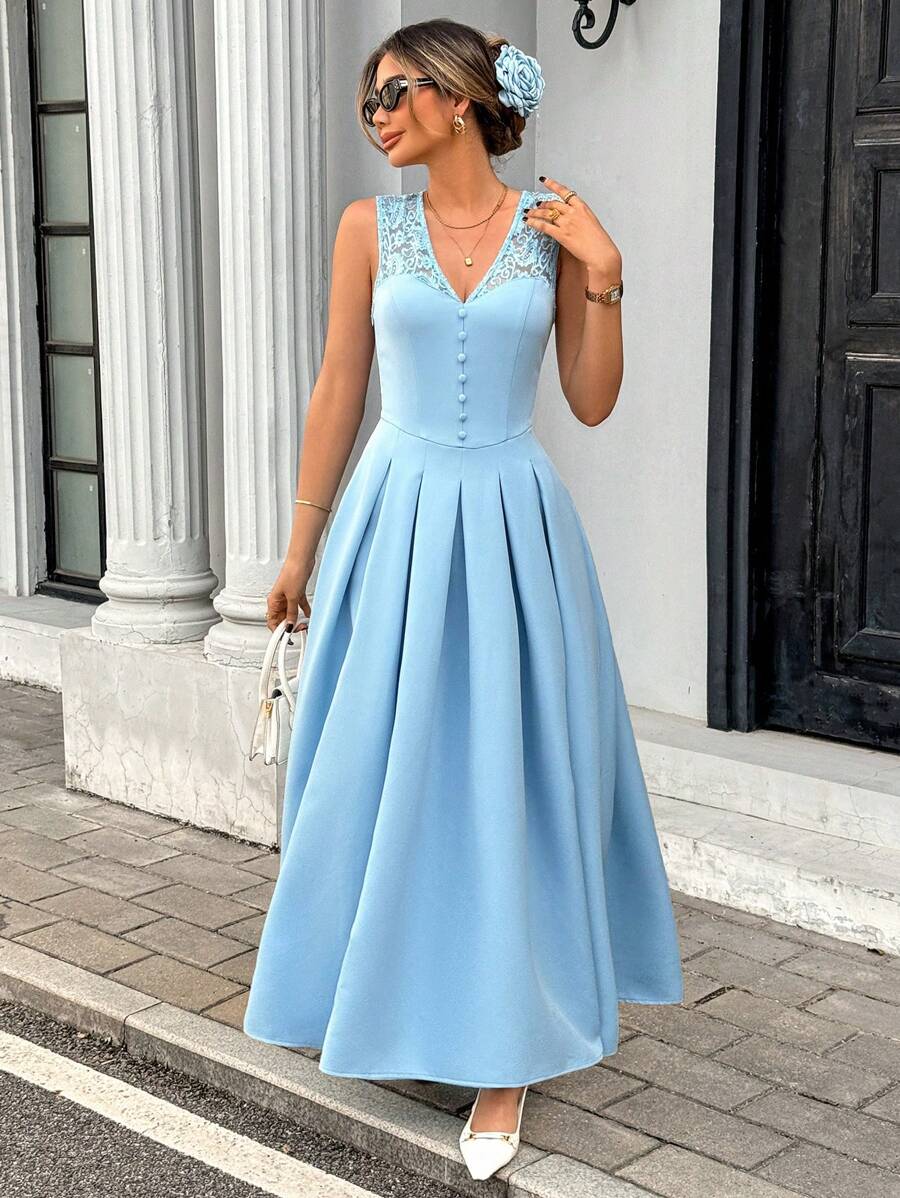Pariaura Women's Elegant Lace Splice Office/Commuting Dress - Blue - View 1