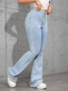 SHEIN Privé 女士高腰喇叭休闲百搭牛仔裤 - 淺色水洗藍 - 查看 3