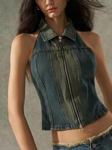 LYSMO Women's Open Back Zipper Front Cropped Halter Denim Jacket - Blue - View 1