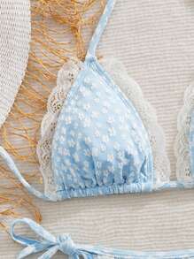 Swim Mod New Women Knitted Jacquard Special Fabric Lace Trim Halter Tie-Front Ruched Sexy Beach Bikini Two Pieces Swimwear For Summer Beach Vacation - Blue and White - View 4
