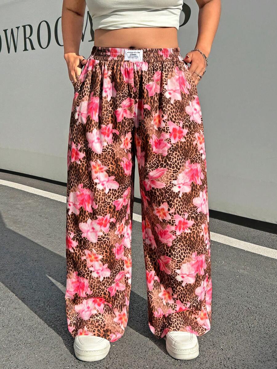 SHEIN EZwear Plus Size Women Leopard Print Woven Fabric Casual Everyday Work Versatile High Waist Wide Leg Loose Pants With Pockets,Summer Pants - Brown - View 1