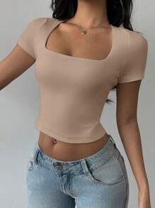SHEIN BASICS Áo croptop nữ cổ bẻ đan màu trơn bó sát - màu nâu - Xem 4