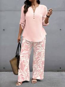 EMERY ROSE 2pcs Set, Random Print, Plus Size, Fashionable Summer Set