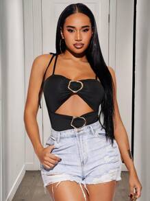 SHEIN SXY Summer Old Money BOHO Vacation Elegant Casual Everyday Wear With Black High-Stretch Knitted Suspenders Knotted Metal Trim Hollowed-Out Bodysuit