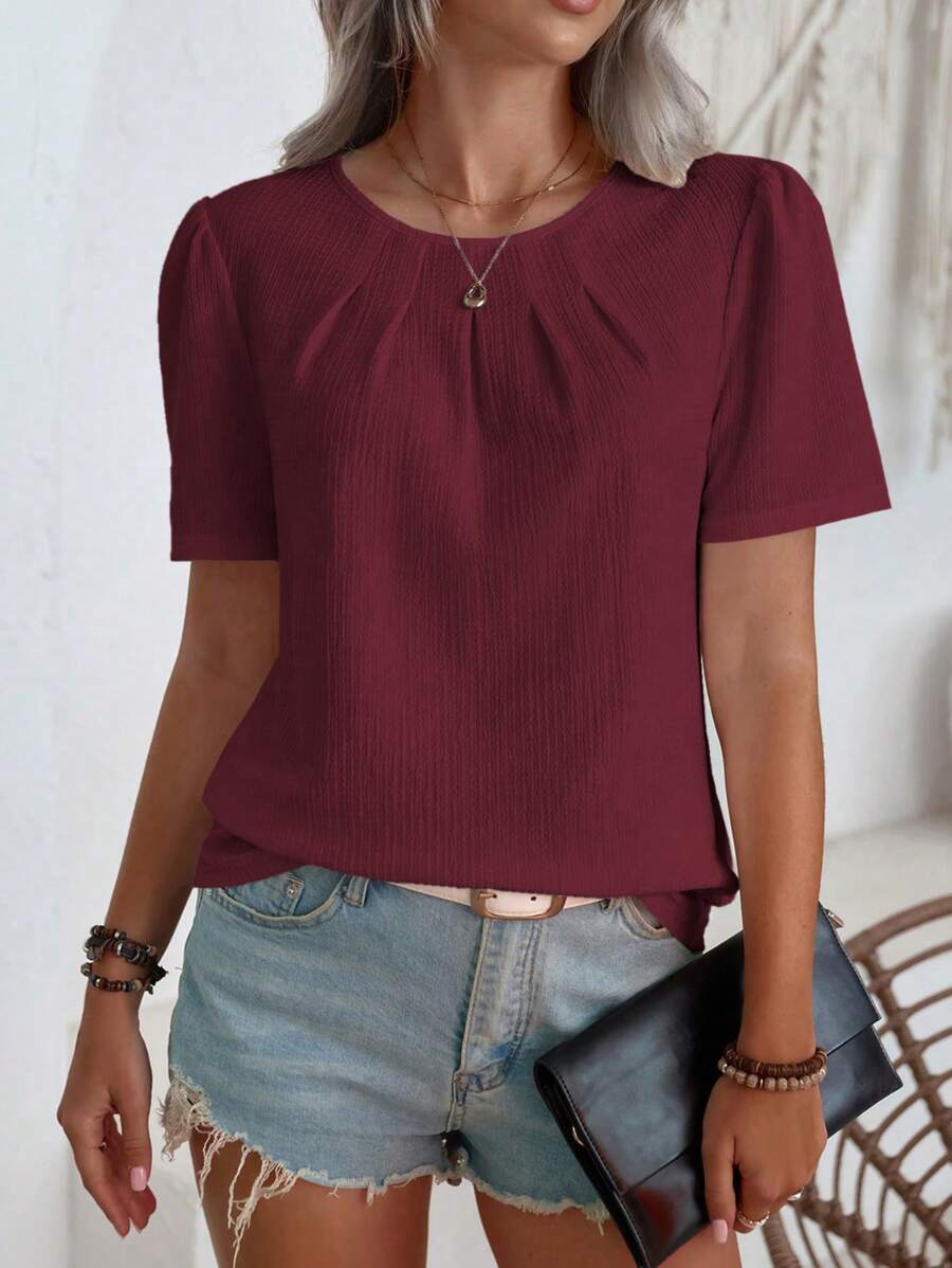 EMERY ROSE Women's Simple Solid Color Puff Sleeve Casual Shirt, Summer - Burgundy - View 1